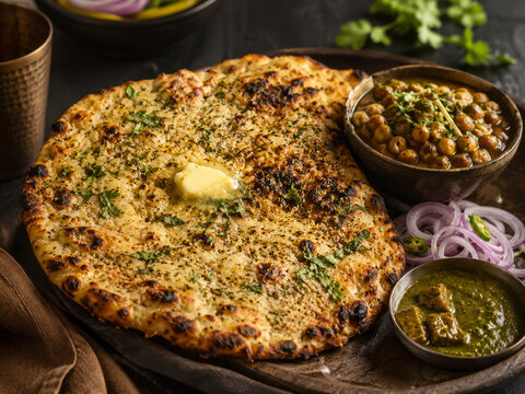  Amritsari kulcha rellena y horneada, servida con mantequilla, chole, chutney verde y cebolla morada.