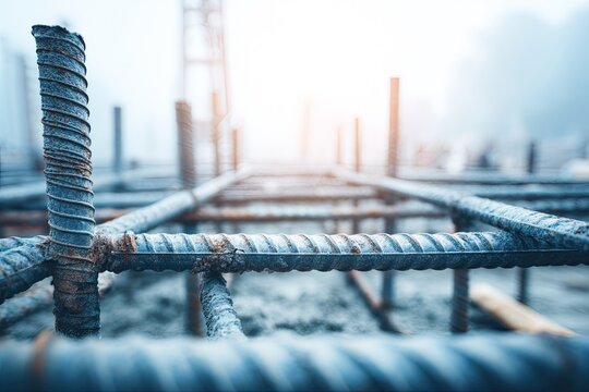 Intricate grid pattern of steel rebar reinforcement bars for concrete construction foundations.