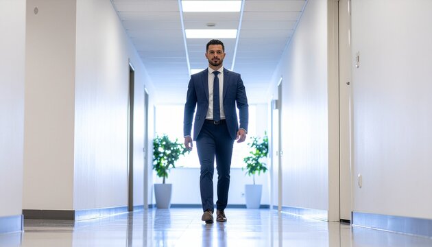 A man walking down a modern office hallway.