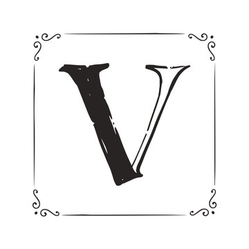 Black hand-drawn letter V inside a square frame with decorative swirls, vintage style