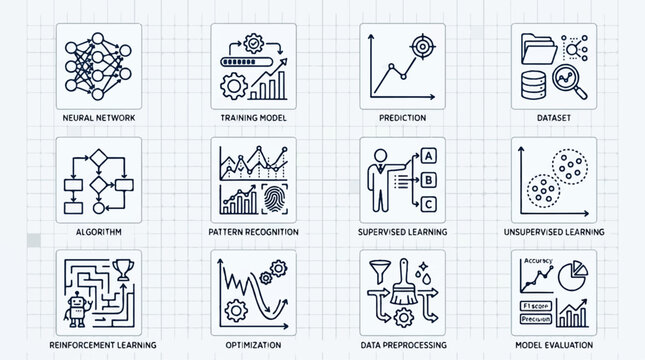 Modern Icon Collection for Machine Learning and Artificial Intelligence Concepts, Featuring Data Analysis, Predictive Modeling, and Algorithmic Processes