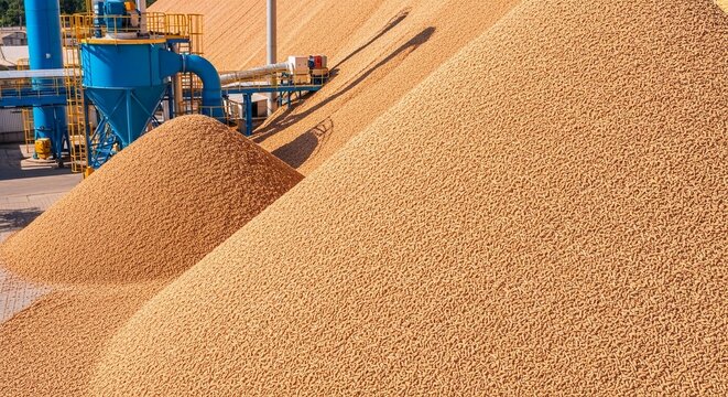 Vast piles of wood pellets in an industrial biomass production facility under a bridge structure