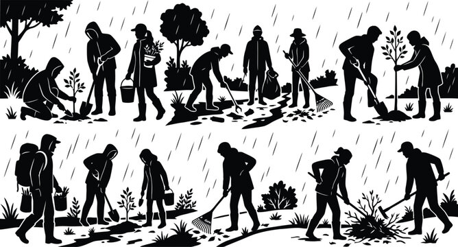 People planting trees in rainy weather