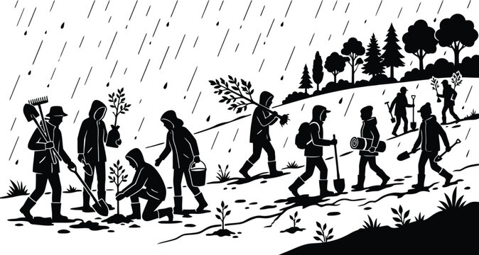 People planting trees on a rainy hillside