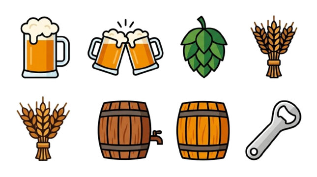 Premium Beer Day vector icon set, 6 unique elements including frothy beer mug, clinking mugs, hop cone, barley bundle, wooden barrel, bottle opener, modern flat design, consistent line weight, clean g