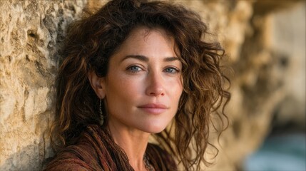 Obraz premium Portrait of middle-aged woman with curly brown hair and blue eyes beside beige limestone texture wall with weathered sandstone erosion, natural lighting, professional quality