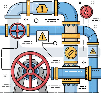 Industrial Plumbing Pipes with Valves and Warning Symbols Vector
