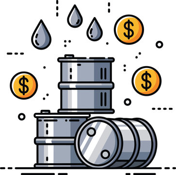 Oil Barrels with Gold Dollar Coins and Droplets Vector Illustration