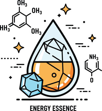 Energy Essence Science Liquid Drop with Chemical Molecules and Crystal