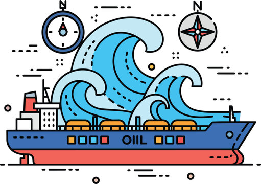 Oil Tanker Ship Sailing in Rough Ocean Waves with Compass Symbols