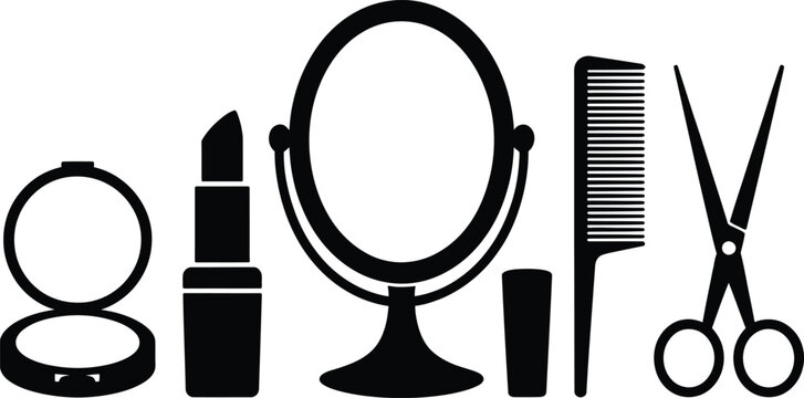 Comprehensive salon tool collection featuring makeup compact lipstick vanity mirror comb and scissors lipstick cosmetics silhouette grooming illustration collection accessory