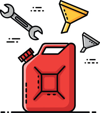 Red Gasoline Can with Wrench and Funnel Car Maintenance Vector Icon