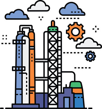 Industrial Refinery Factory with Distillation Towers and Gear Icons