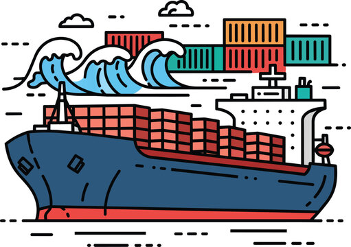 Global Logistics Container Ship Vector with Ocean Waves and Cargo