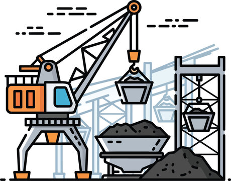 Industrial Crane Lifting Heavy Material in Mining Site Vector Illustration