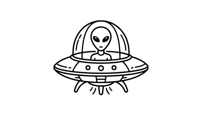 Cute Alien in UFO Spaceship Line Art - Cartoon Style