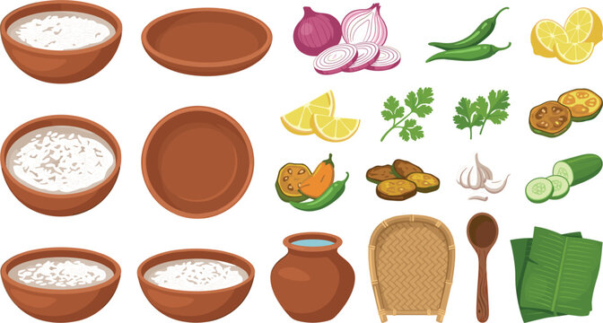 Panta bhat traditional Bengali fermented rice food set vector illustration with onion green chili lemon garlic brinjal and clay pot elements