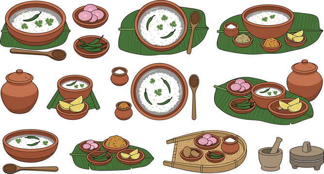 Panta bhat traditional Bengali fermented rice dish set vector illustration with clay bowl banana leaf onion green chili bhorta and lemon elements