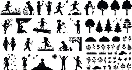 Obraz premium Black children silhouettes with nature elements set including trees flowers plants bushes playing running climbing outdoors isolated on white background vector illustration