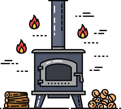 Traditional Wood Burning Stove Vector Illustration with Logs and Fire