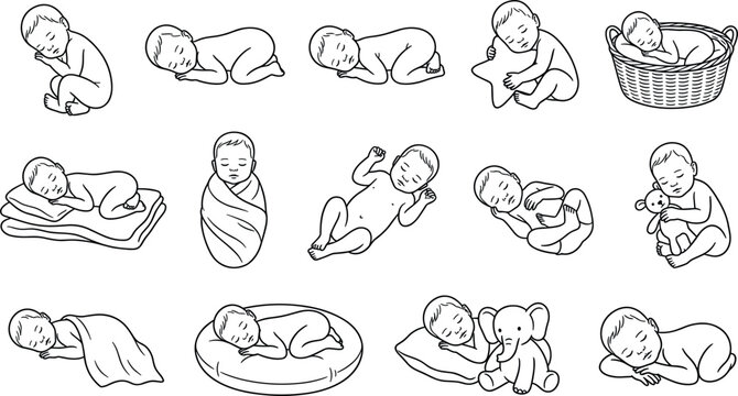 Cute newborn baby sleeping pose vector line art collection set with toy elephant teddy bear basket pillow and blanket for nursery design