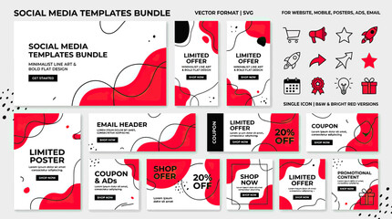 Naklejka premium Social Media Templates Bundle, Vector Icons, Website Graphics, Modern Design