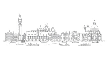Fototapeta premium Venice Skyline Panorama Drawing - Gondolas, Doge Palace, St. Mark's Campanile