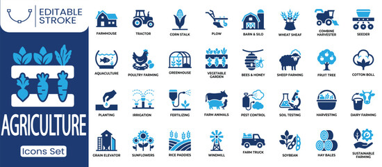 Fototapeta premium Agriculture icon set. Containing tractor, farmhouse, greenhouse, irrigation, livestock, crop planting, sustainable farming, grain elevator, beekeeping and more. Solid vector icons collection.