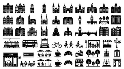 City Icons Collection: Buildings, Transport, People, Cafe, Food, Landmarks © Biru