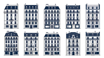 Collection of Parisian Haussmannian Buildings, Facades Vector Set © Biru