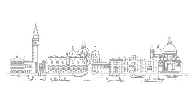 Venice Skyline Panorama Drawing - Gondolas, Doge Palace, St. Mark's Campanile