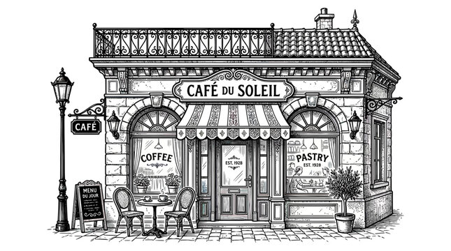 Charming Parisian Cafe Facade with "Caf&eacute; du Soleil" Sign, Outdoor Seating