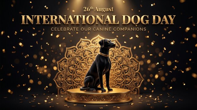 International dog day banner with doberman pinscher dog on golden pedestal, black and gold glitter background