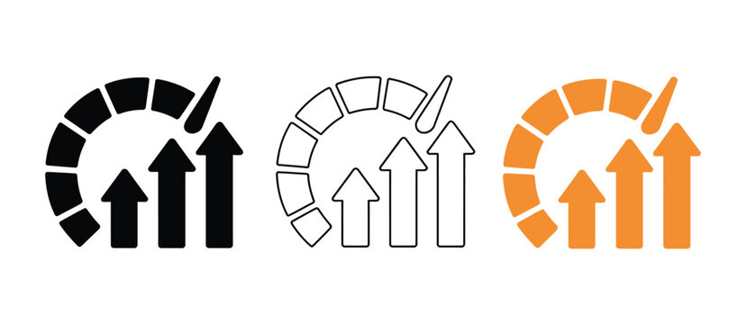 Rising performance icon set, speedometer and upward arrows, business growth and speed indicators, vector symbols for analytics dashboard and progress visualization.