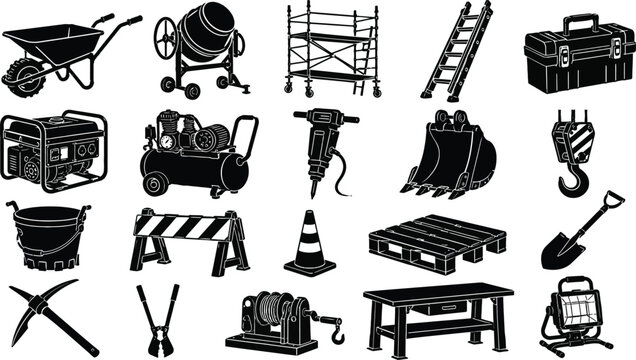 Construction site equipment and industrial machinery icon set, black silhouette portable power generator, light tower, and heavy building tools 