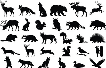 Fototapeta premium Forest wildlife and woodland animals silhouette set. Big collection of wild animal icons vector.