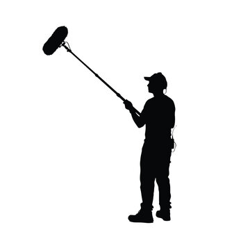 Sound recordist with boom microphone silhouette on white background
