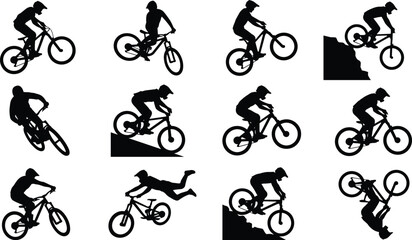 Obraz premium Collection of Mountain Biking and Extreme Cycling Action Silhouettes