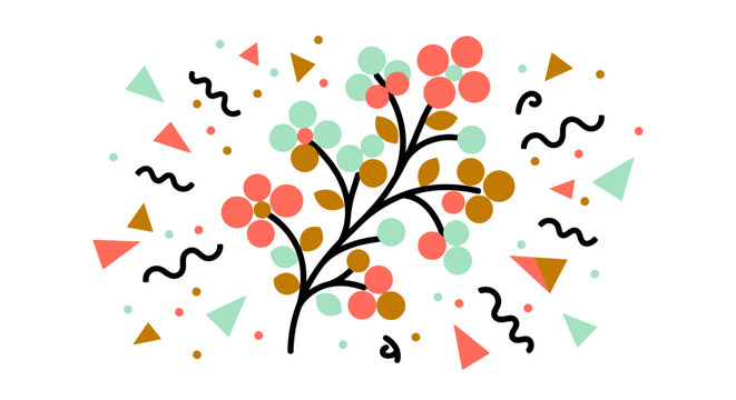 Minimalist red flower illustration with geometric shapes on white.