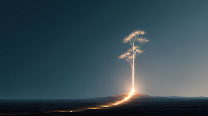 Naklejka premium Glowing tree of light on dark plain with illuminated path leading to it, surreal night landscape conveying hope and growth