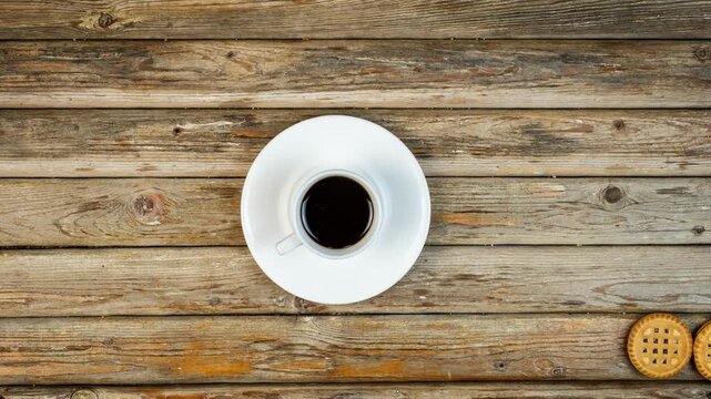 Timelapse of movement of round vanilla cookies and a cup of coffee on a wooden table