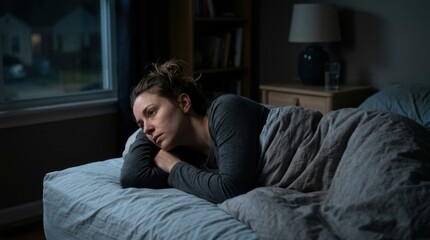 Fototapeta premium Woman Lying on Bed in Dimly Lit Bedroom with Pensive Expression