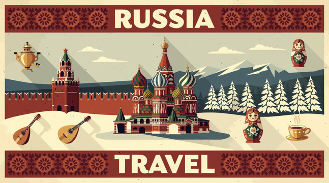 Russia Travel Vintage Poster with St. Basil's Cathedral and Matryoshka Dolls