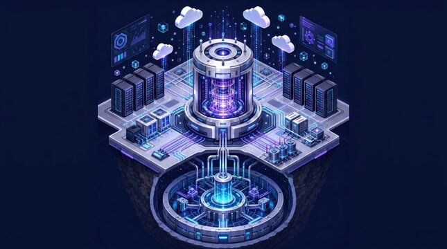 Data center server infrastructure with glowing core and cloud network nodes showing technical digital processing in a futuristic isometric view against a dark background for computing layouts.