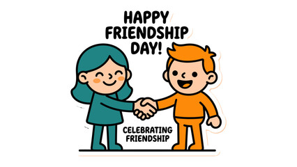 Happy Friendship Day! Two cartoon characters, a boy and a girl, are shaking hands and celebrating friendship. © Abu