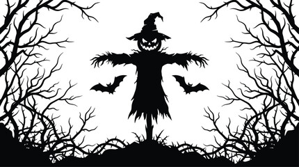 Fototapeta premium Spooky helloween day scarecrow silhouette with bats and bare trees