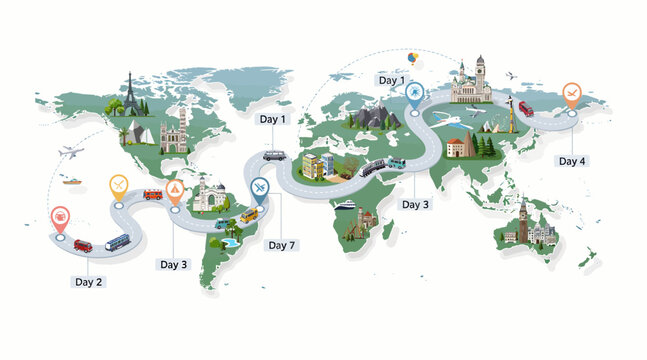 World Map Travel Itinerary: Landmarks, Transport, Vacation Days