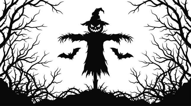 Spooky helloween day scarecrow silhouette with bats and bare trees