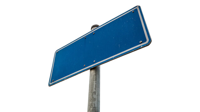 Blank blue metallic directional road sign pointer on pole isolated on transparent background cut out