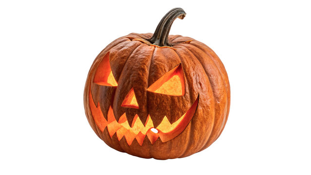 Spooky Halloween pumpkin lantern Jack o lantern scary face isolated on transparent background cut out